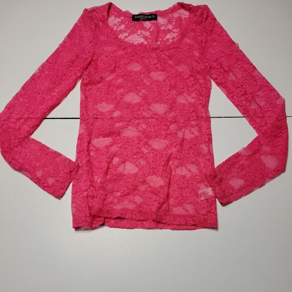 Together Womens Small Blouse Pink Floral Long Sleeve Scoop Neck‎ Stretch Sheer